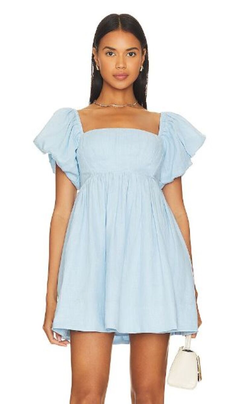 SOVERE Relish Mini Dress XS Linen Babydoll Blue Puff Sleeve Revolve Coquette